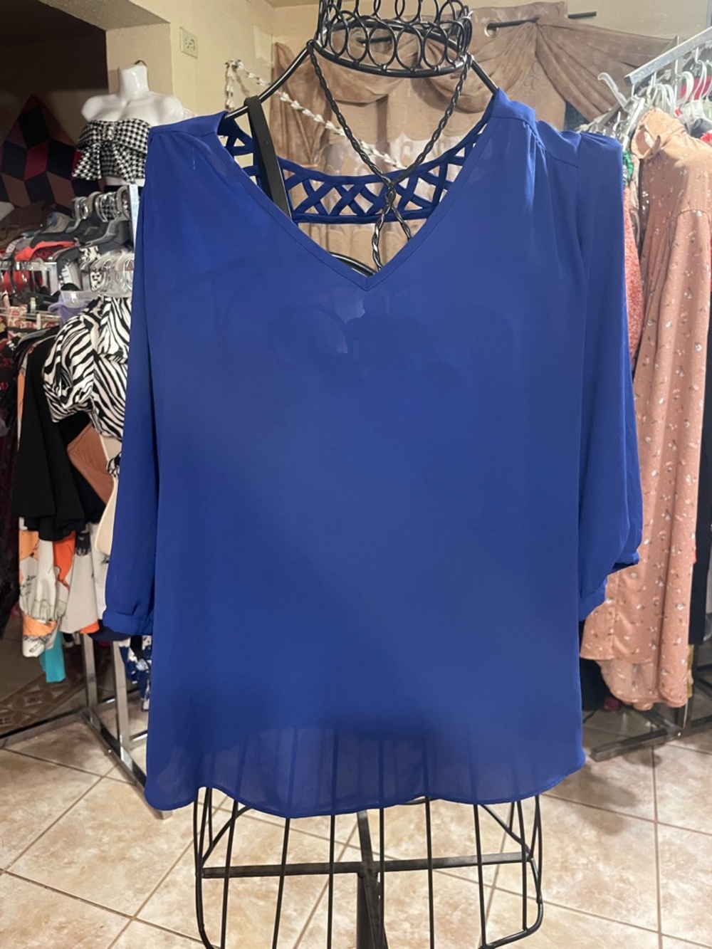 by & by Royal Blue V-Neck Sheer Blouse